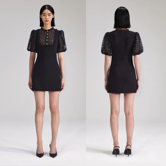 Self-Portrait Mini Dress Black Crepe LBD Puff Sleeves Lace Embellished Bib Sz 6 - Picture 1 of 9